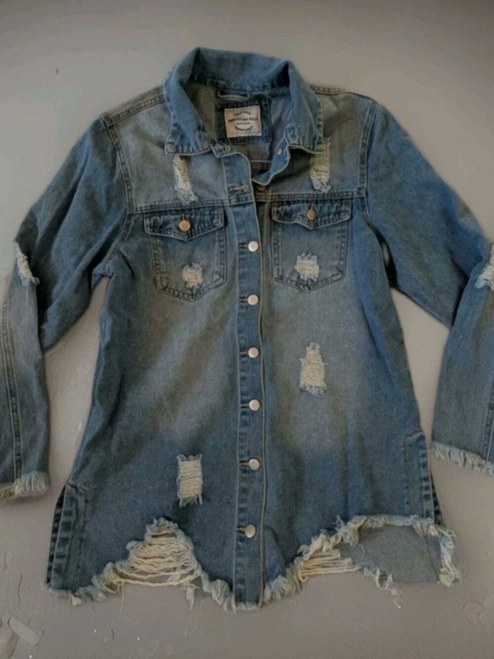 American Bazi Women's Denim Jacket Size M. Distressed Frayed Hem Denim Rip